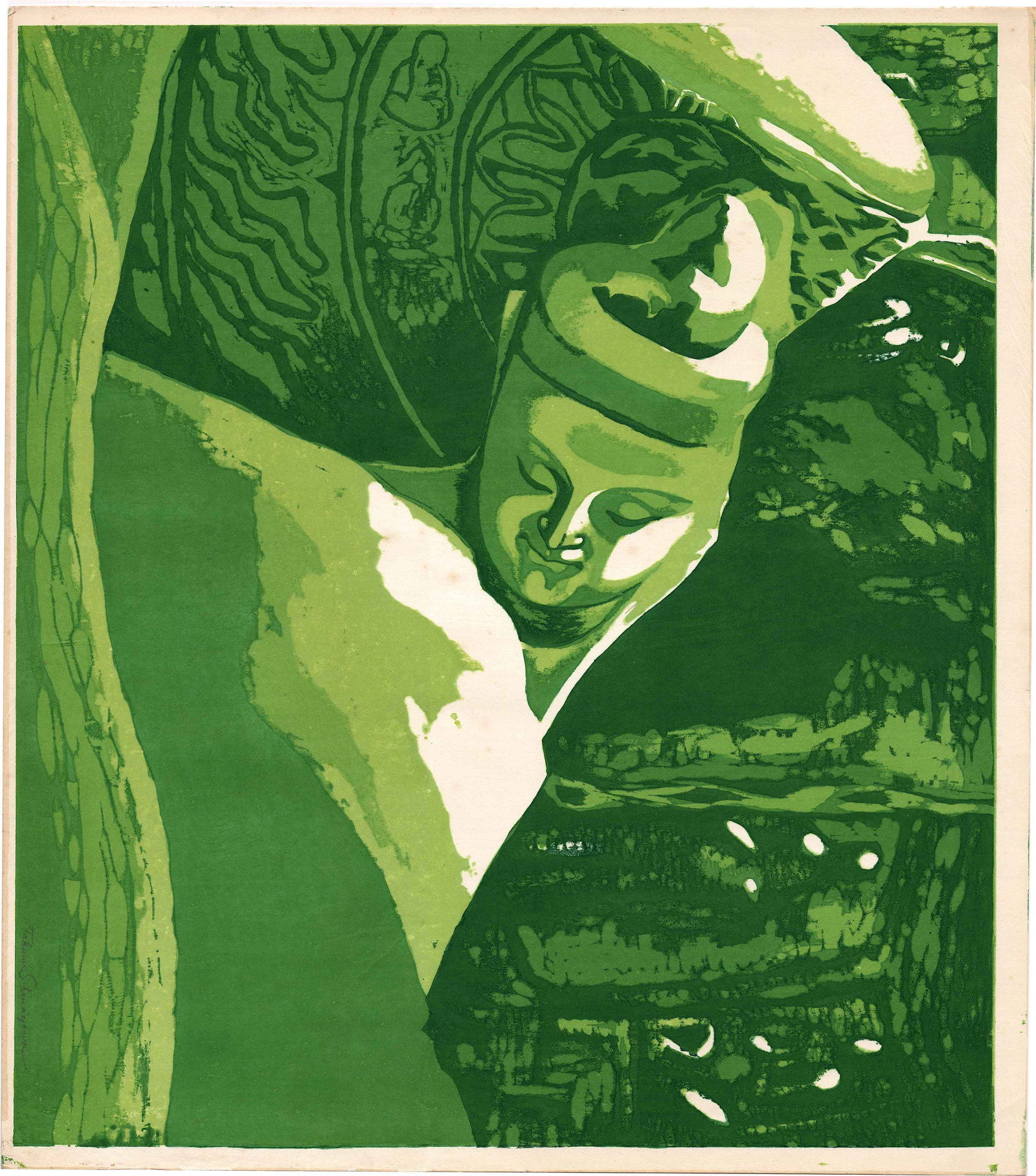 Shinagawa Kogyo: Stone Buddha 1951 Woodblock XL: Japanese Woodblock Print, 1951, self-published, signed lower left in the image SIZE IN INCHES: XL, approx. 22 x 25 inches