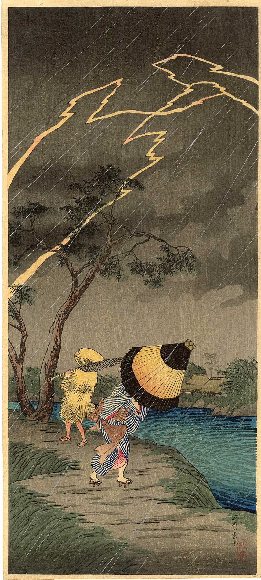 Shotei Takahashi: Thunderstorm at Tateishi 1936 Woodblock NR (1 of 2)