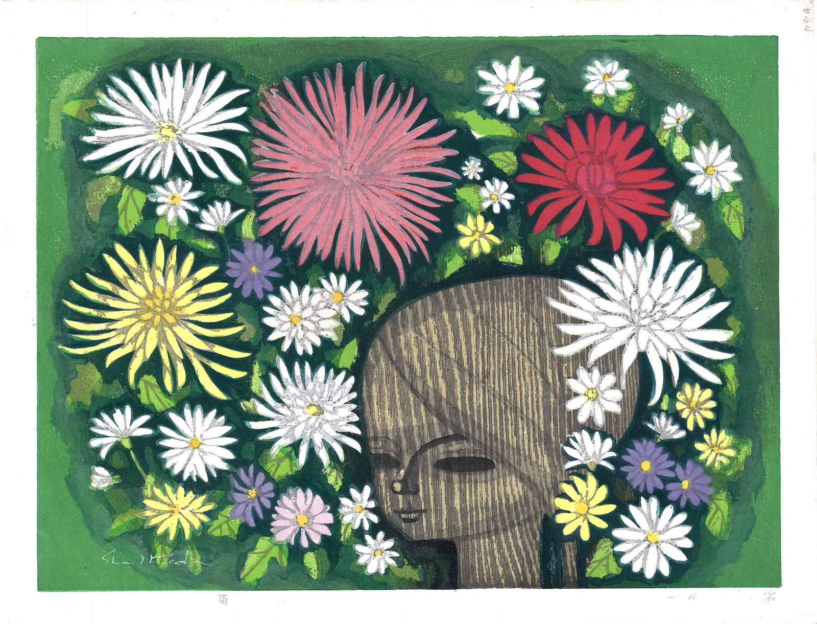 Shuzo Ikeda: Girl and Flowers 1966 1st Ed. Woodblock: Japanese Woodblock Print, 1966 published by Shuzo Ikeda, pencil titled, dated and numbered 36/70, signed in ink in the image SIZE IN INCHES: 24.25 x 18.5 SHUZO IKEDA (1922-2004) was born in 1922 in Ki