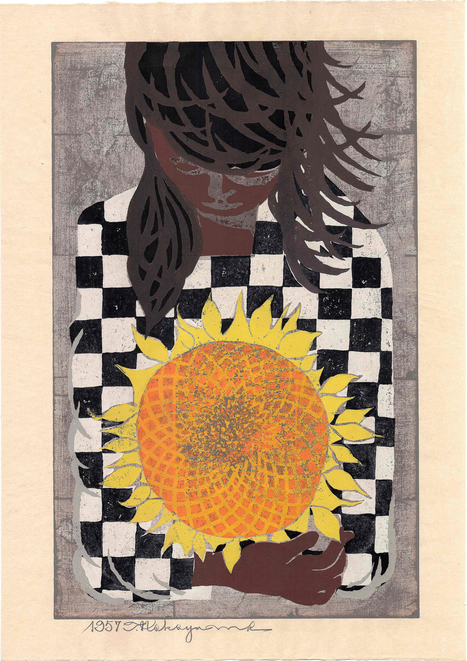Tadashi Nakayama: Sunflower Girl 1957 Woodblock: Japanese Woodblock Print, 1957 SIZE IN INCHES: 19.5 x 27 inches COMMENTS: A striking and highly sought-after image by Tadashi Nakayama, this 1957 woodblock print combines the artist's signature