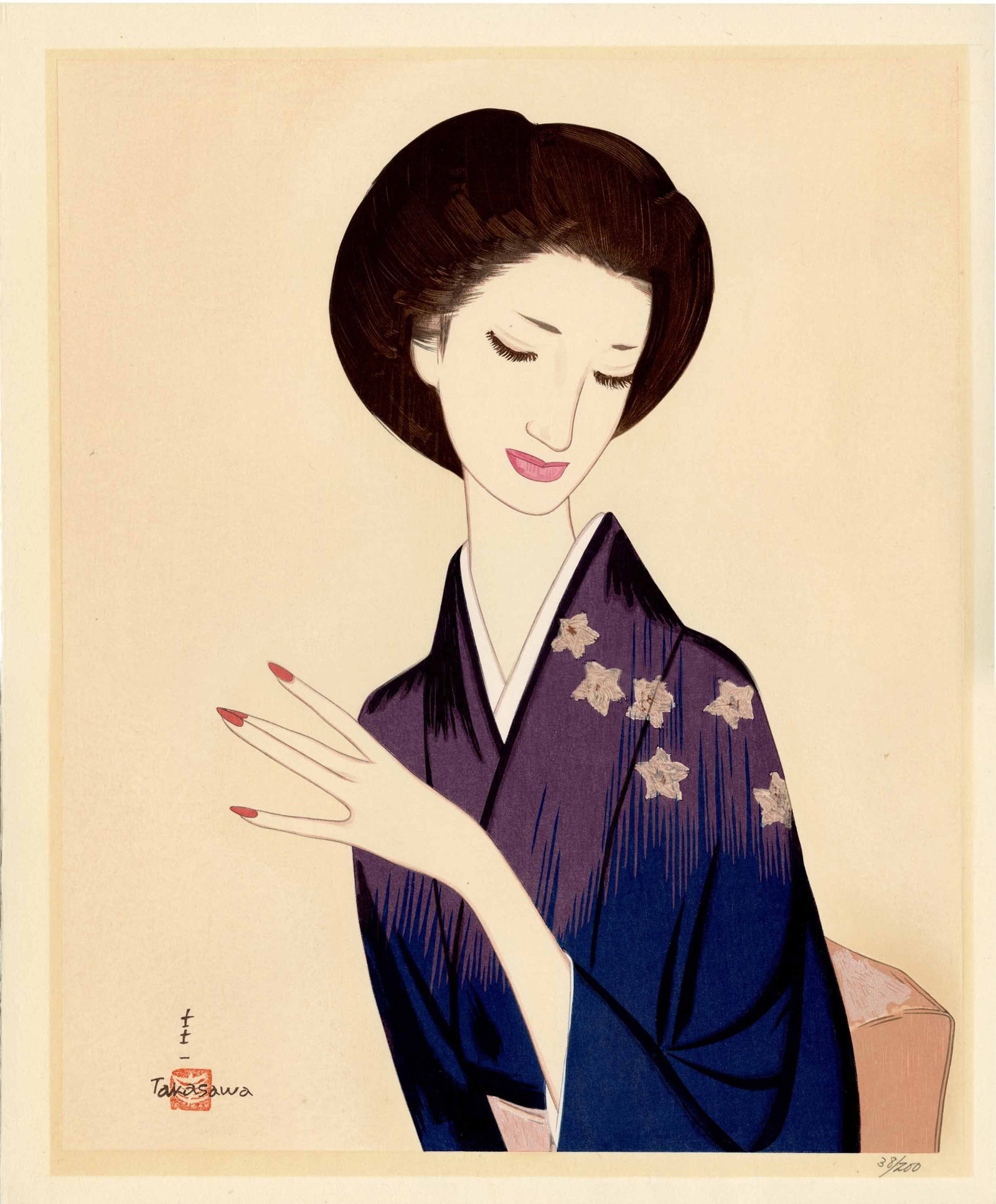 Takasawa Keiichi: Bijin with Maple-Pattern Kimono Woodblock (1 of 2)