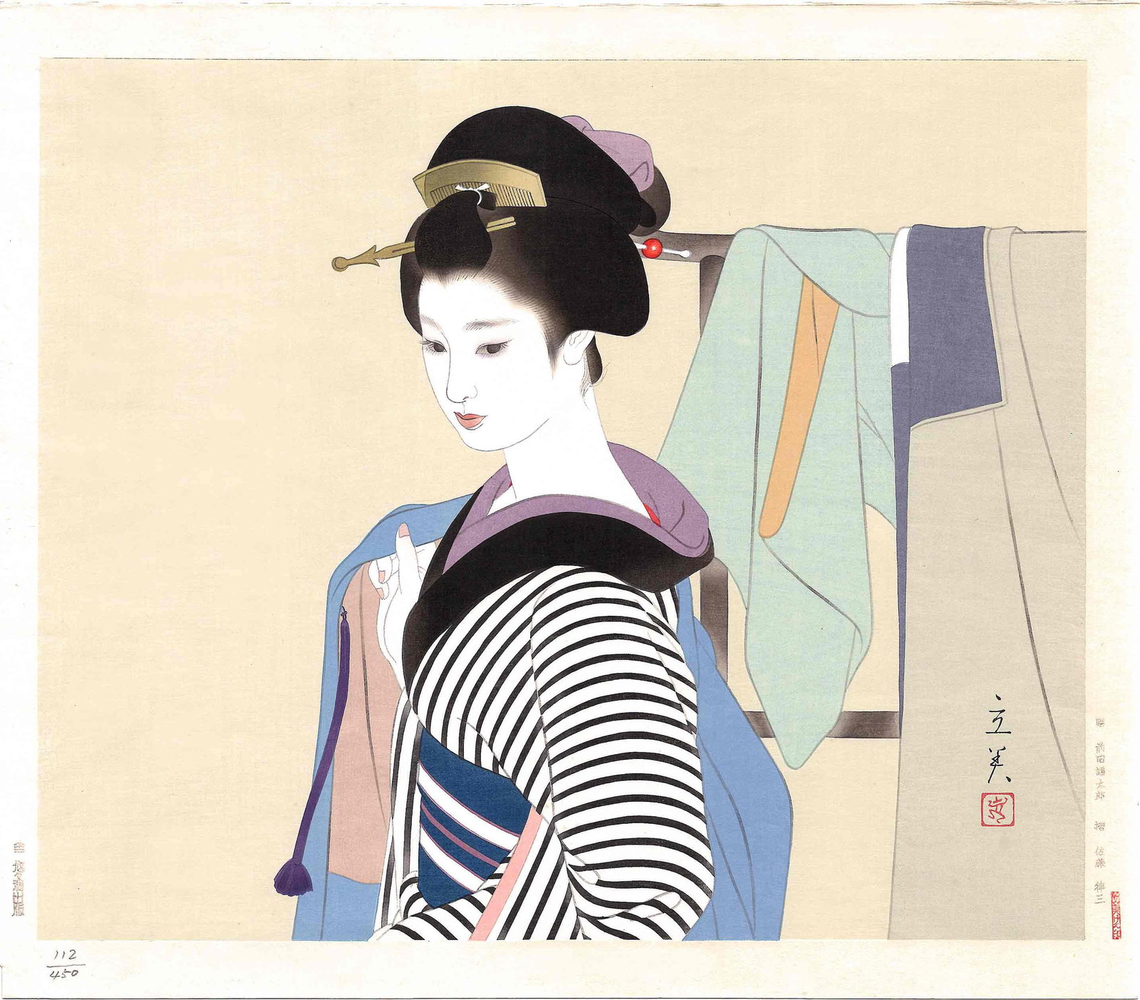 Tatsumi Shimura: Haori (Jacket) 1970 1st Ed Woodblock: Japanese Woodblock Print, 1970, first edition, pencil numbered 112/450, sealed Tatsumi SIZE IN INCHES: dai-oban 19 x 16.25 inches TATSUMI SHIMURA (1907-1980), is known for designing bijin-ga prints