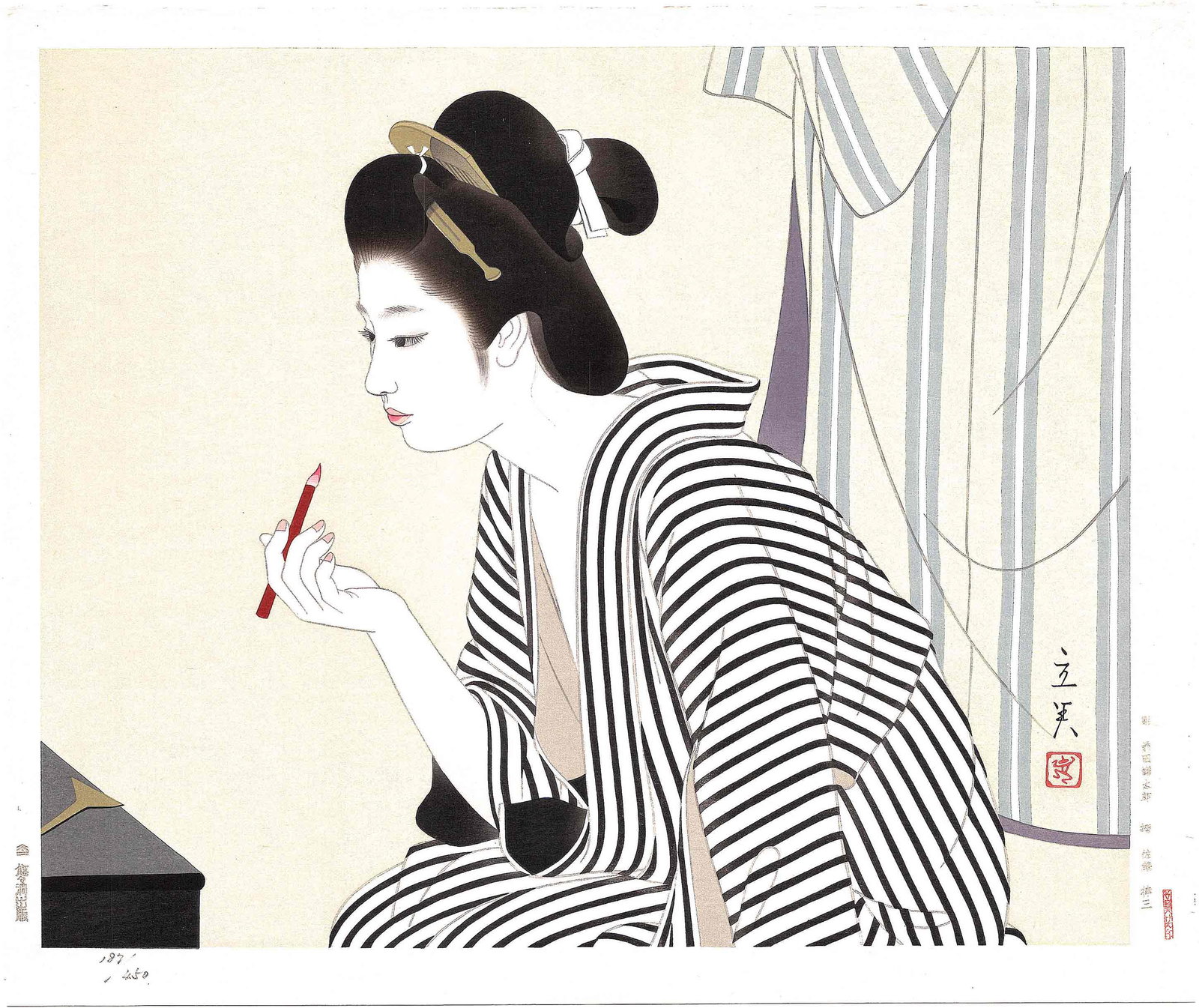 Tatsumi Shimura: Lipstick 1970 1st Ed Woodblock: Japanese Woodblock Print, 1970, first edition, pencil numbered 187/450, sealed Tatsumi SIZE IN INCHES: dai-oban 19 x 16.25 inches TATSUMI SHIMURA (1907-1980), is known for designing bijin-ga prints