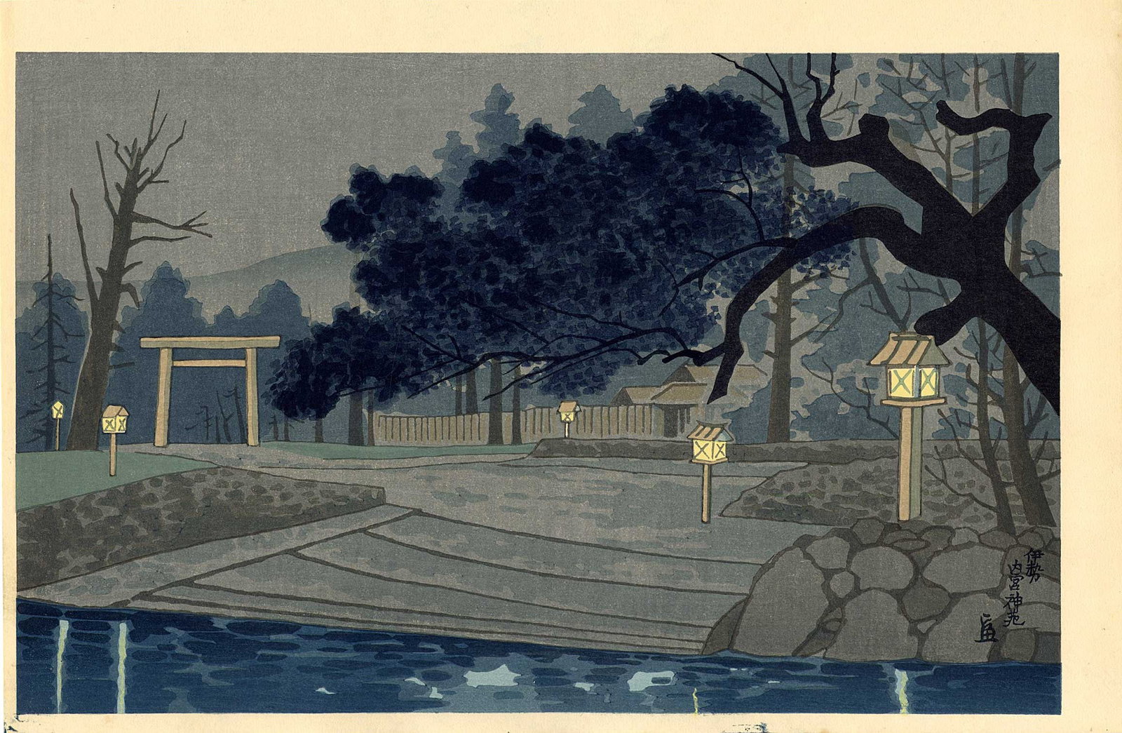 Tomikichiro Tokuriki -- Ise Naiku Shrine Garden Woodblock NR: Japanese Woodblock Print, 1970s, SIZE IN INCHES: 15.5 x 10 inches TOKURIKI TOMIKICHIRO (1902-2000) was a Japanese woodblock print artist associated with the shin-hanga and later sosaku hanga tradition