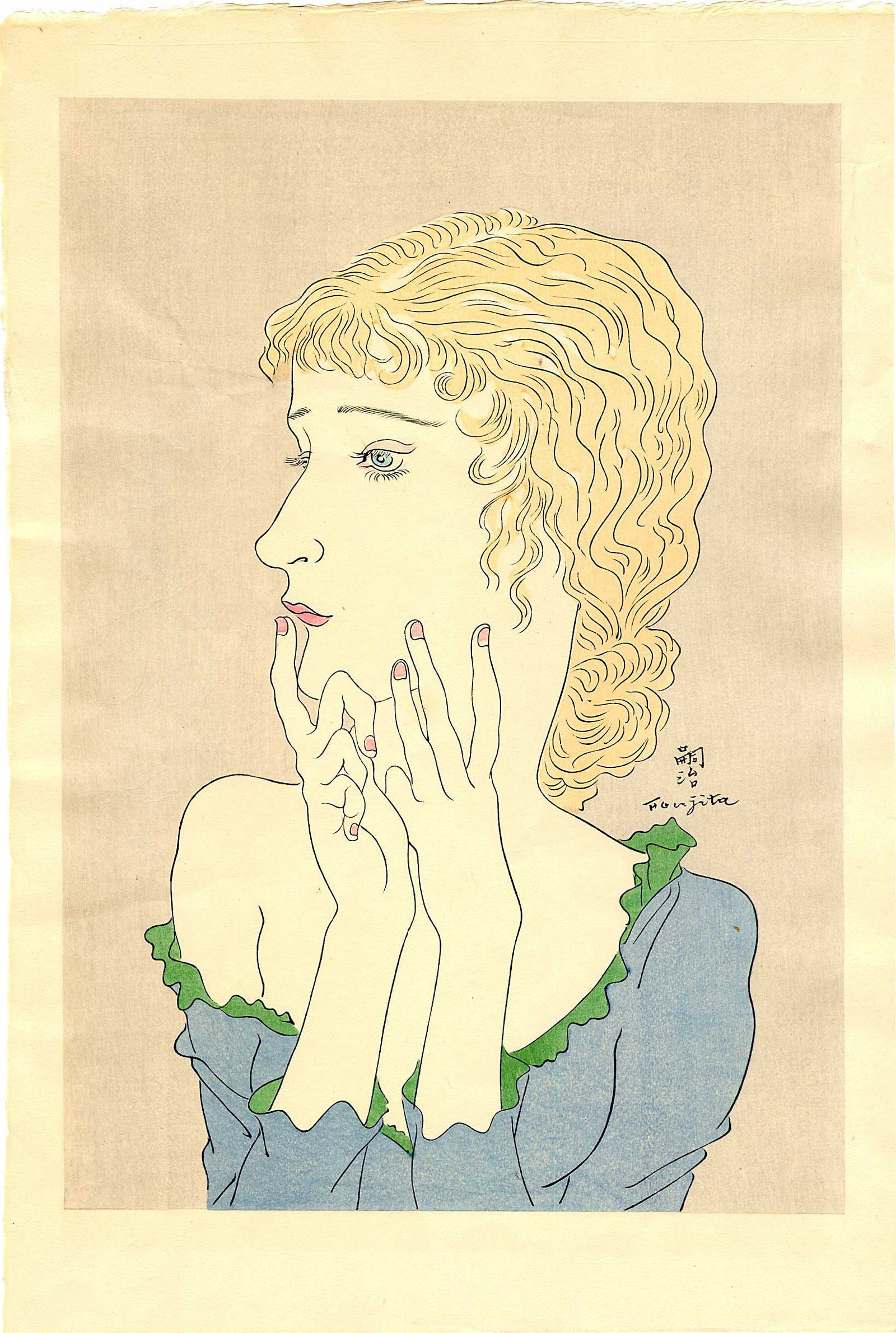 Tsuguharu Foujita: Blonde Parisian 1934 Woodblock NR: Japanese Woodblock Print, 1934, this edition republished by Takamizawa in 1966 SIZE IN INCHES: 11 x 16/25 inches TSUGUHARA FOUJITA (1886-1968) was a Japanese-born painter and printmaker who became one