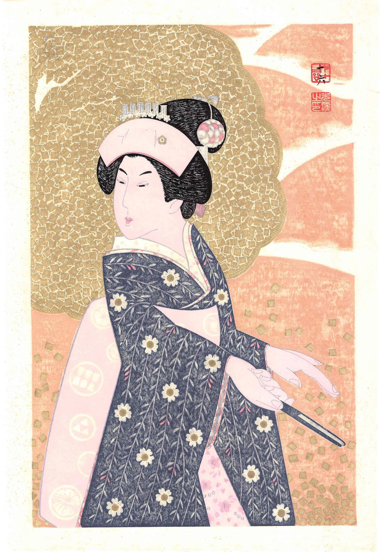 Tsuruya Kokei: Flowers at Dojo Temple 1991 Woodblock: Japanese Woodblock Print, 1991, self-published, full title is Flowers from "Dojoji" SIZE IN INCHES: 15.5 x 23.5 inches TSURUYA KOKEI (born 1946), whose real name is Mitsui Gen, is a contemporary Japan