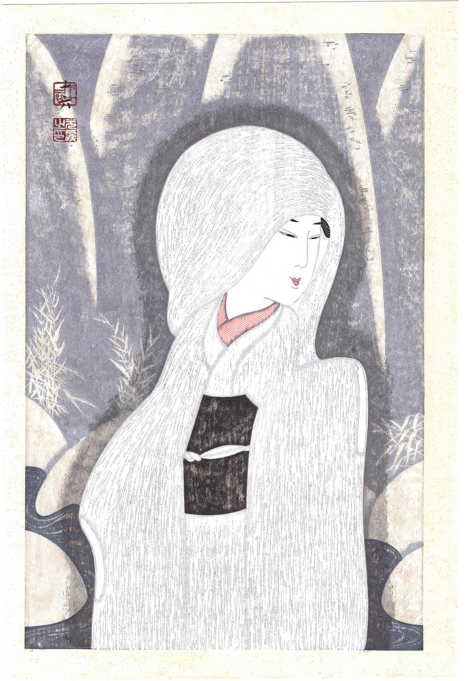 Tsuruya Kokei: The Heron Maden 1992 Woodblock: Japanese Woodblock Print, 1992, self-published, full title is Snow from "Sagi Musume"(Heron Maiden) SIZE IN INCHES: 15.5 x 23.5 inches TSURUYA KOKEI (born 1946), whose real name is Mitsui Gen, is a co