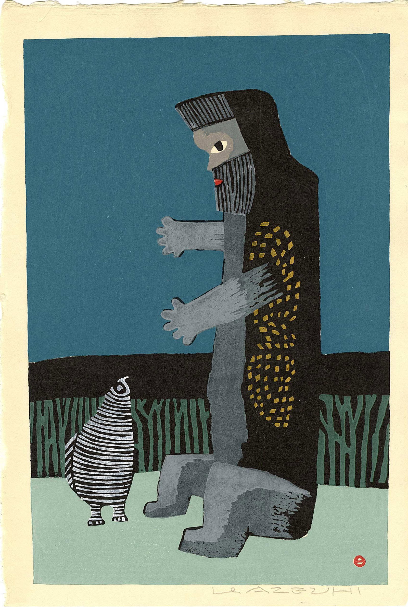 Umetaro Azechi: Mountain Man with Staff Woodblock: Japanese Woodblock Print, signed in pencil, published by Yoseido SIZE IN INCHES: 11.25 x 16.5 inches COMMENTS: This highly abstracted Umetaro Azechi woodblock print transforms the artist's iconic