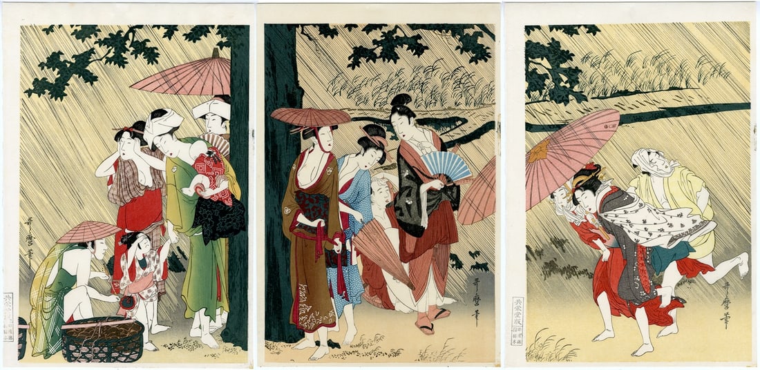 Utamaro Kitagawa: Sheltering from the Rain Tryptych: Japanese Woodblock Print, originally published c.1800, this Showa era from recarved woodblocks, published by Kyoeido, Carver: Endo, Printer: Tochigi SIZE IN INCHES: oban, each sheet 16 x 11 inches
