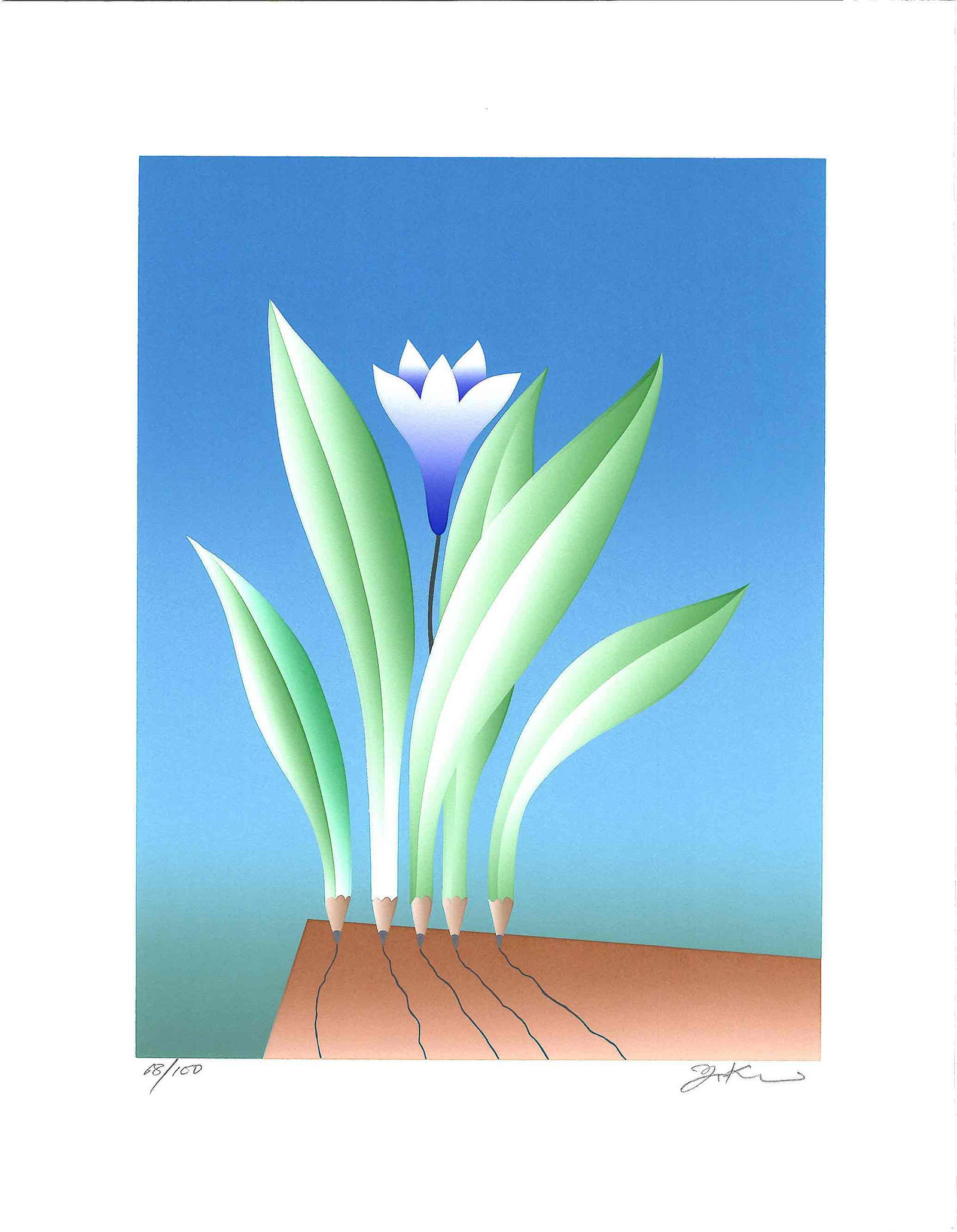 Yoji Kuri: Flower Pencils Silkscreen: Japanese Silkscreen Print, 1980s SIZE IN INCHES: 13.75 x 17.75 inches YOJI KURI (1928–2024), born Hideo Kurihara in Fukui Prefecture, was a pioneering Japanese animator, cartoonist,