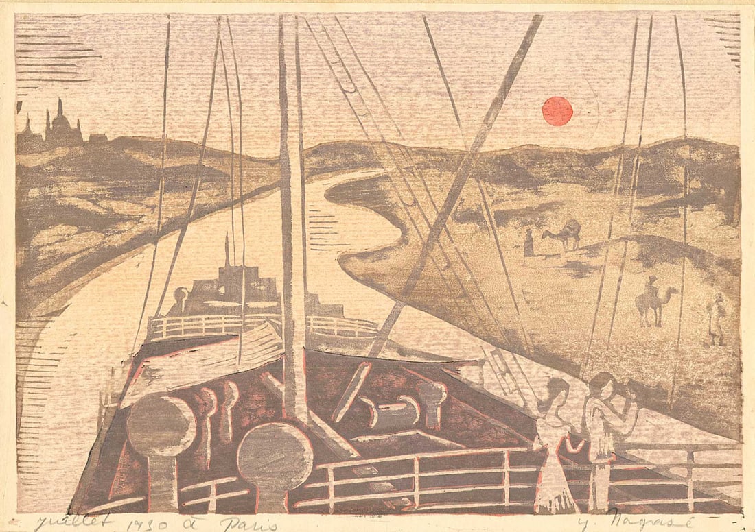 Yoshiro Nagase -- Suez Sunset 1930 Woodblock (1 of 4)