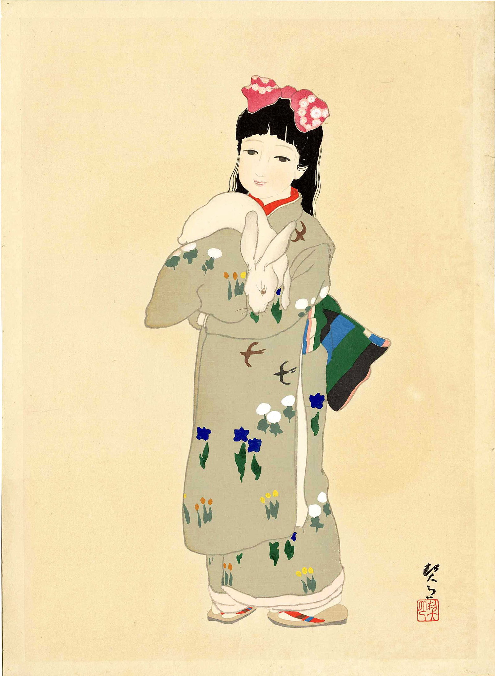Yumeji Takehisa: Girl Holding a Rabbit Woodblock: Japanese Woodblock Print, published c.1910, SIZE IN INCHES: 15 x 22.5 inches YUMEJI TAKEHISA (1884–1934), born Mojiro Takehisa in Okayama Prefecture, was a Japanese painter, illustrator, poet, a