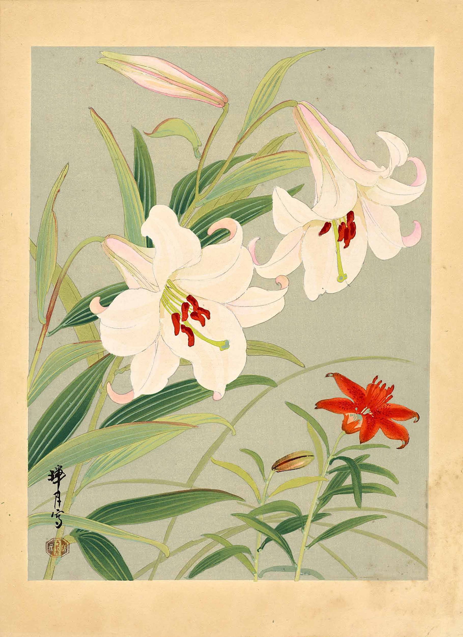 Zuigetsu Ikeda: Japanese Trumpet Lilies 1930s Woodblock: Japanese Woodblock Print, 1930s, published by Uchida SIZE IN INCHES: oban, approx. 12.5 x 16.75 inches (1877–1944) was a Japanese painter, illustrator, and designer associated with the shin-hang