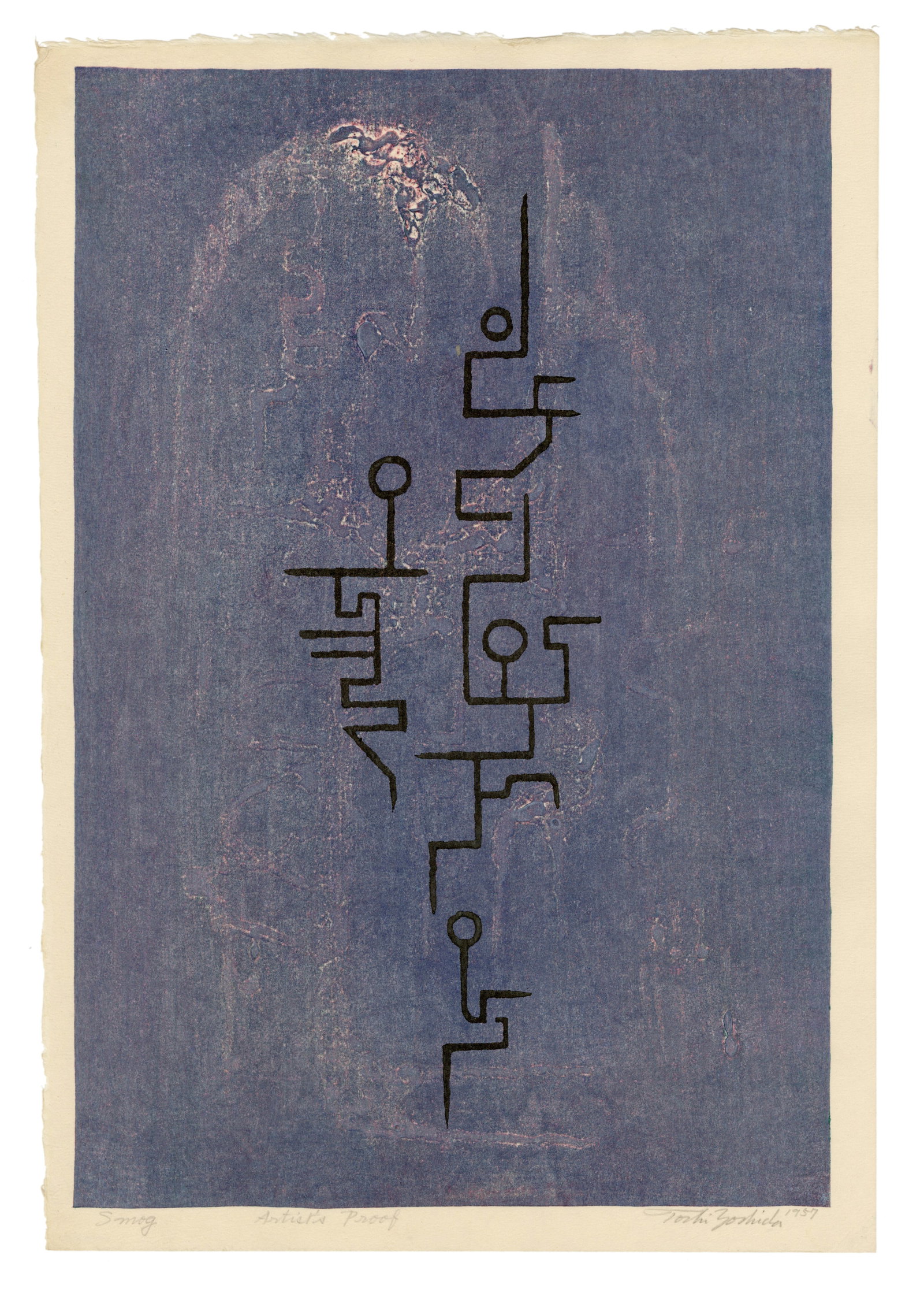 Yoshida Toshi: Smog (Artist Proof) 1957 Woodblock NR: Japanese Woodblock Print 1957, pencil signed by Toshi Yoshida, numbered AP (Artist's Proof) SIZE IN INCHES: 16.25 x 10.625 inches TOSHI YOSHIDA was the eldest son of Hiroshi Yoshida (1876-1950) who be