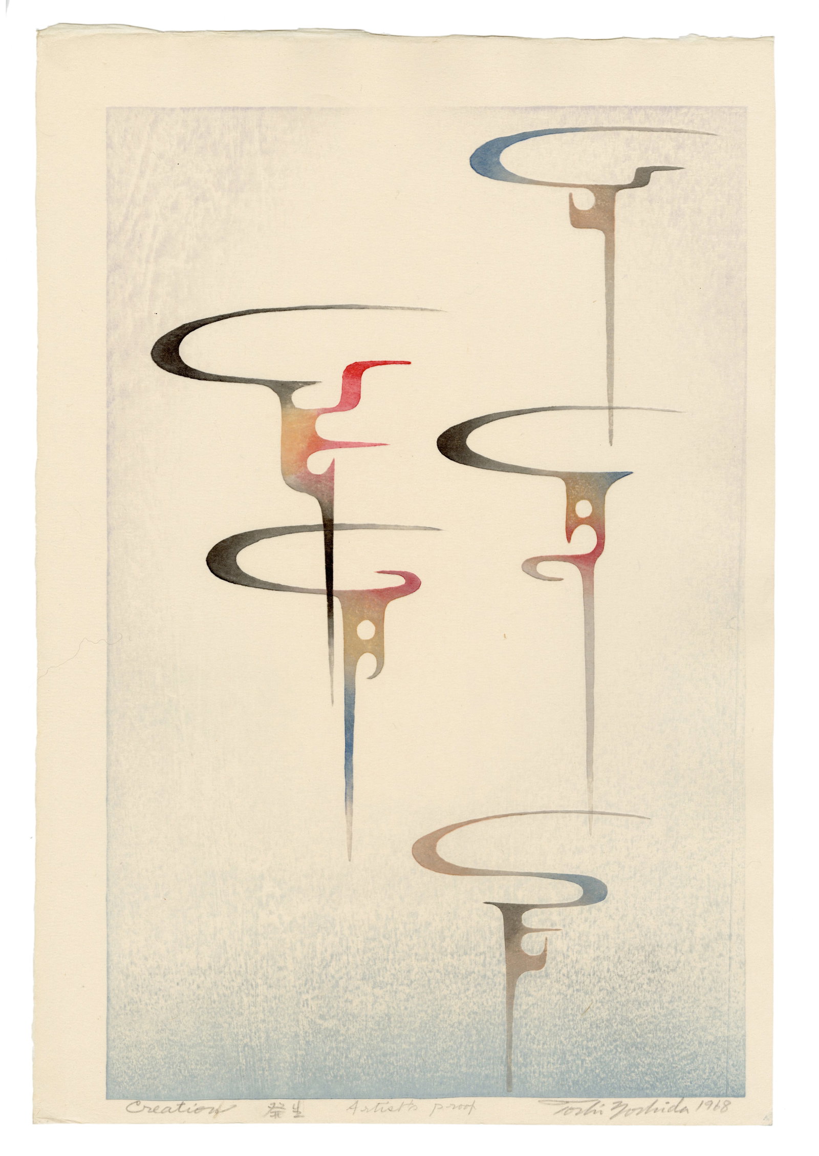 Yoshida Toshi: Creation (Artist Proof) 1968 Woodblock NR: Japanese Woodblock Print 1959, pencil signed by Toshi Yoshida, numbered AP (Artist's Proof) SIZE IN INCHES: 16.25 x 10.625 inches TOSHI YOSHIDA was the eldest son of Hiroshi Yoshida (1876-1950) who be