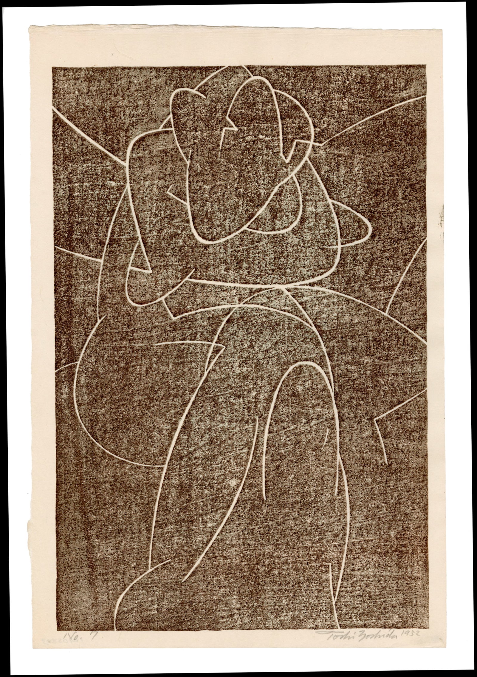 Yoshida Toshi: NO. 7 1952 Woodblock: Japanese Woodblock Print 1952, pencil signed by Toshi Yoshida SIZE IN INCHES: 16.25 x 10.625 inches TOSHI YOSHIDA was the eldest son of Hiroshi Yoshida (1876-1950) who began teaching him when he was f