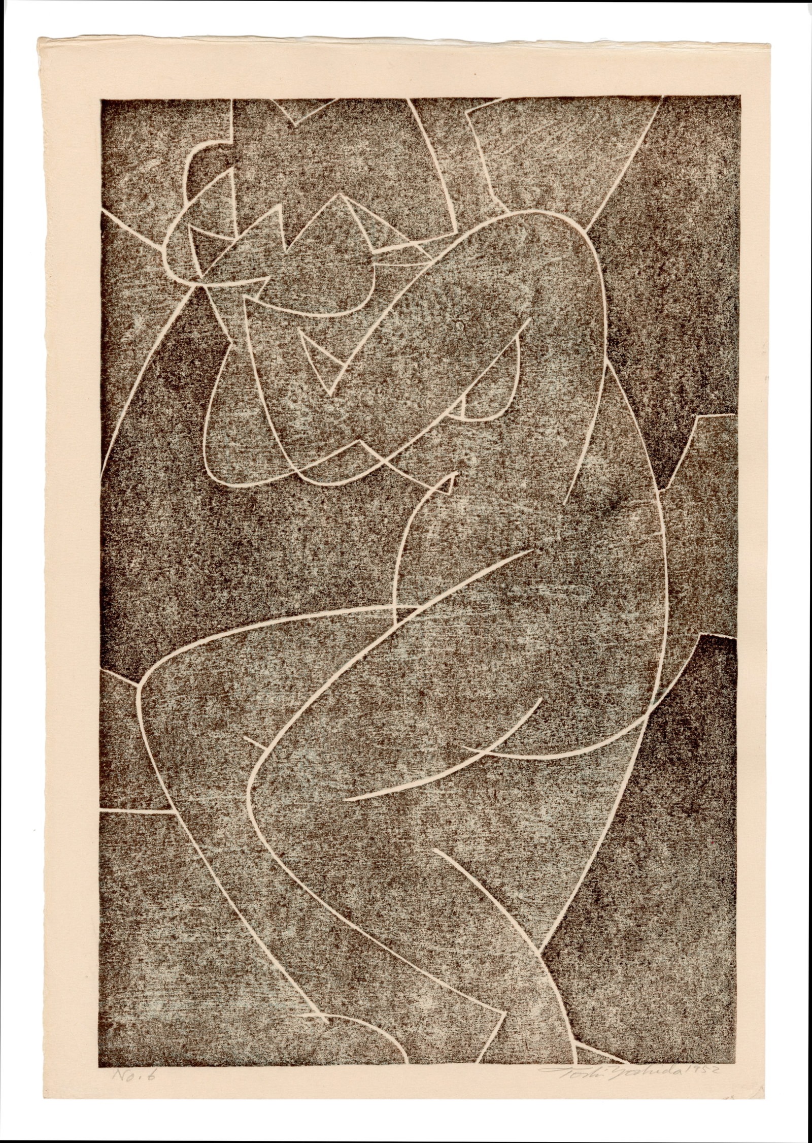 Yoshida Toshi: NO.6 1952 Woodblock: Japanese Woodblock Print 1952, pencil signed by Toshi Yoshida SIZE IN INCHES: 16.25 x 10.625 inches TOSHI YOSHIDA was the eldest son of Hiroshi Yoshida (1876-1950) who began teaching him when he was f
