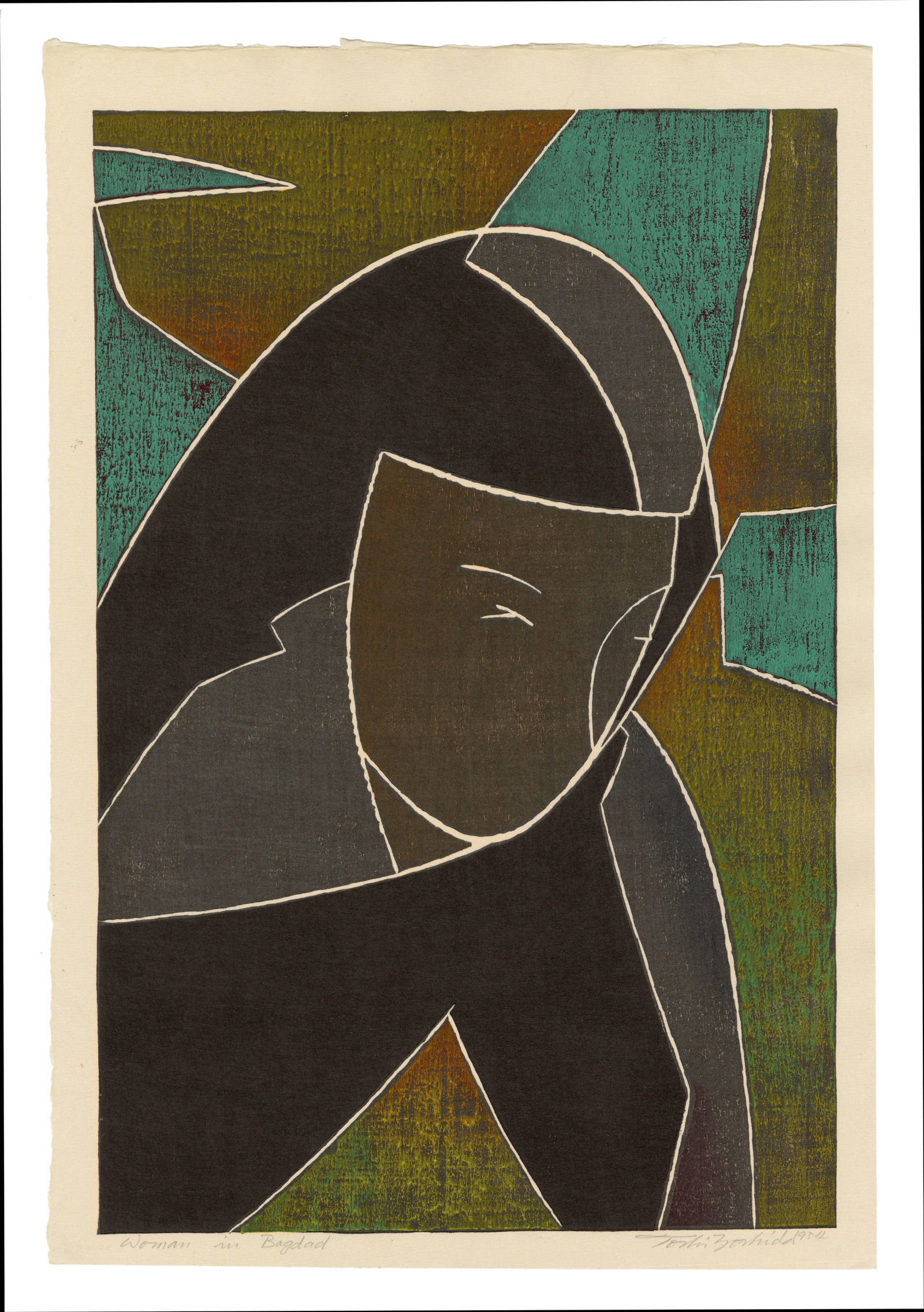 Yoshida Toshi: Woman in Bagdad 1954 Woodblock: Japanese Woodblock Print 1954, pencil signed by Toshi Yoshida SIZE IN INCHES: 16.25 x 10.625 inches TOSHI YOSHIDA was the eldest son of Hiroshi Yoshida (1876-1950) who began teaching him when he was f