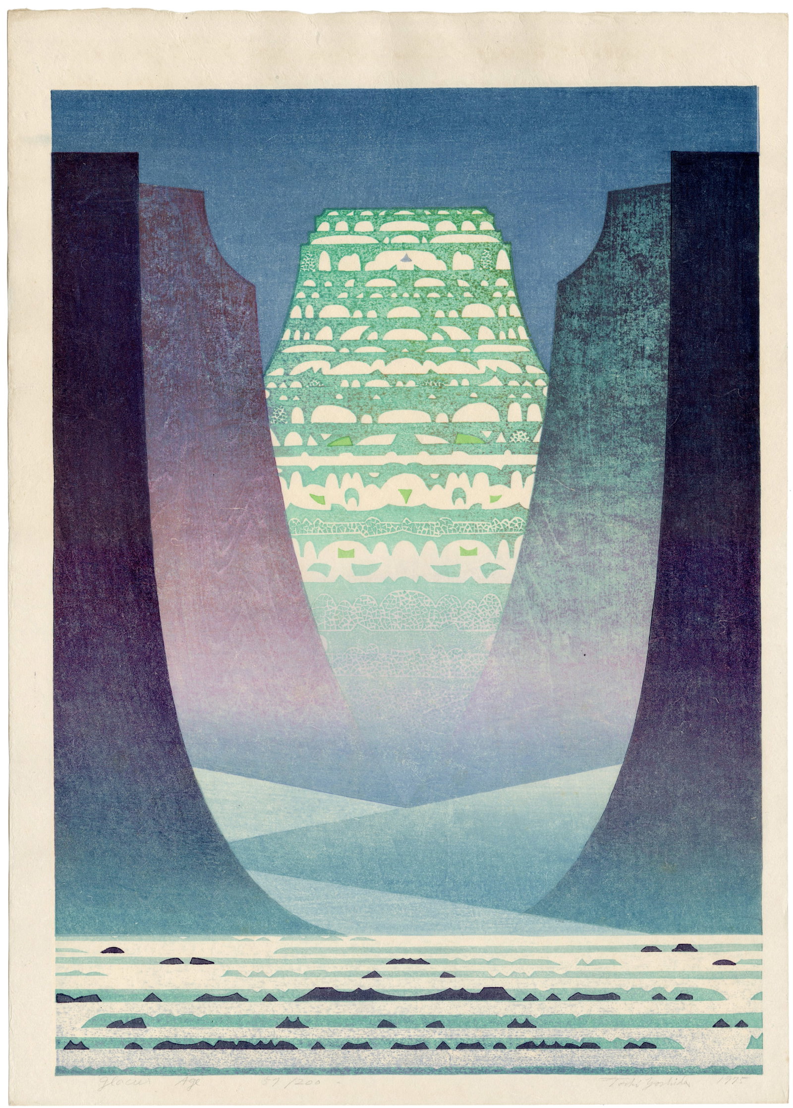 Yoshida Toshi: Glacier Age 1975 Woodblock (1 of 2)