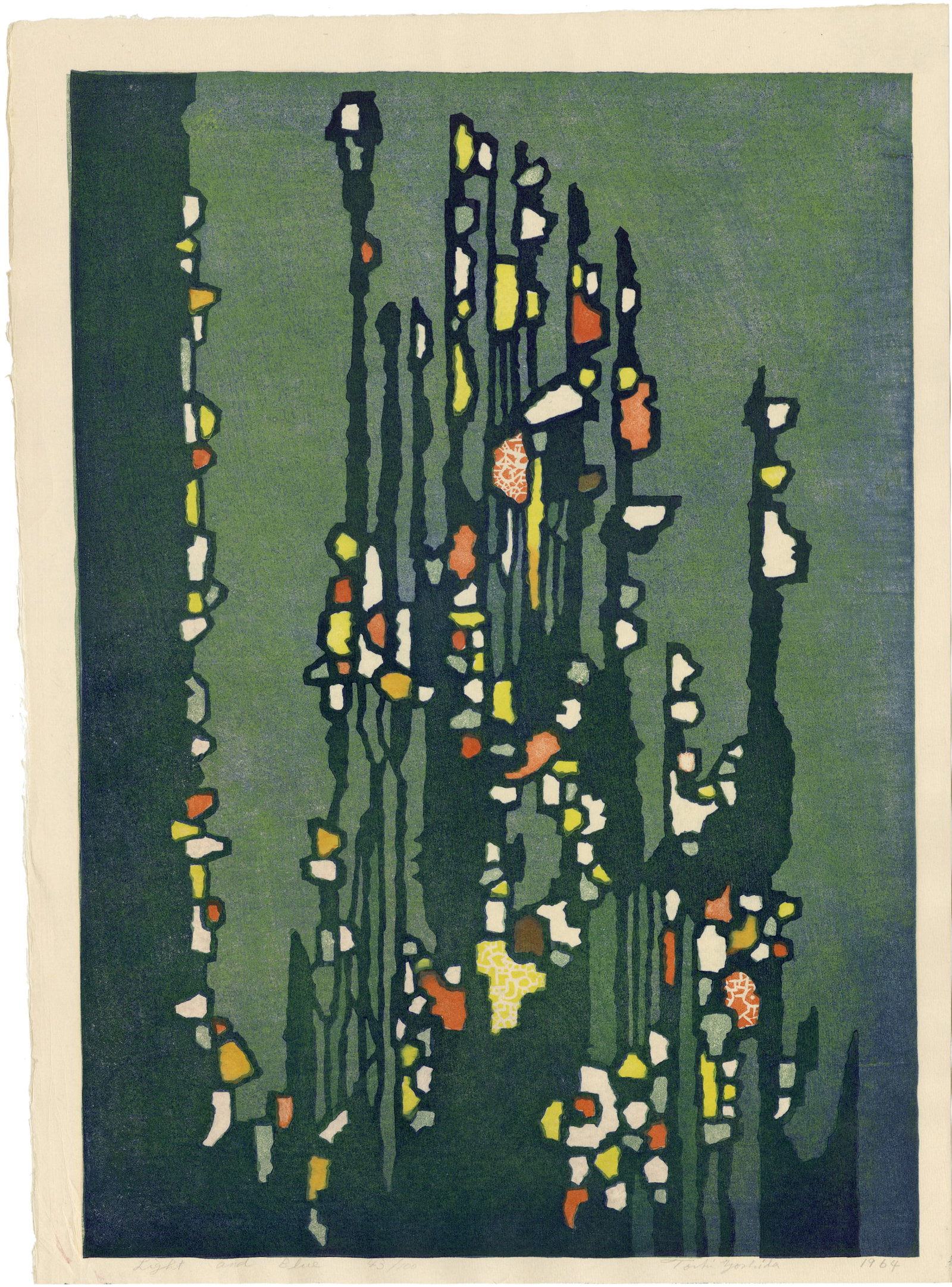 Yoshida Toshi: Light and Blue 1964 Woodblock: Japanese Woodblock Print 1964, pencil signed by Toshi Yoshida, numbered 43/100 SIZE IN INCHES: 21.50 x 15.50 inches TOSHI YOSHIDA was the eldest son of Hiroshi Yoshida (1876-1950) who began teaching h