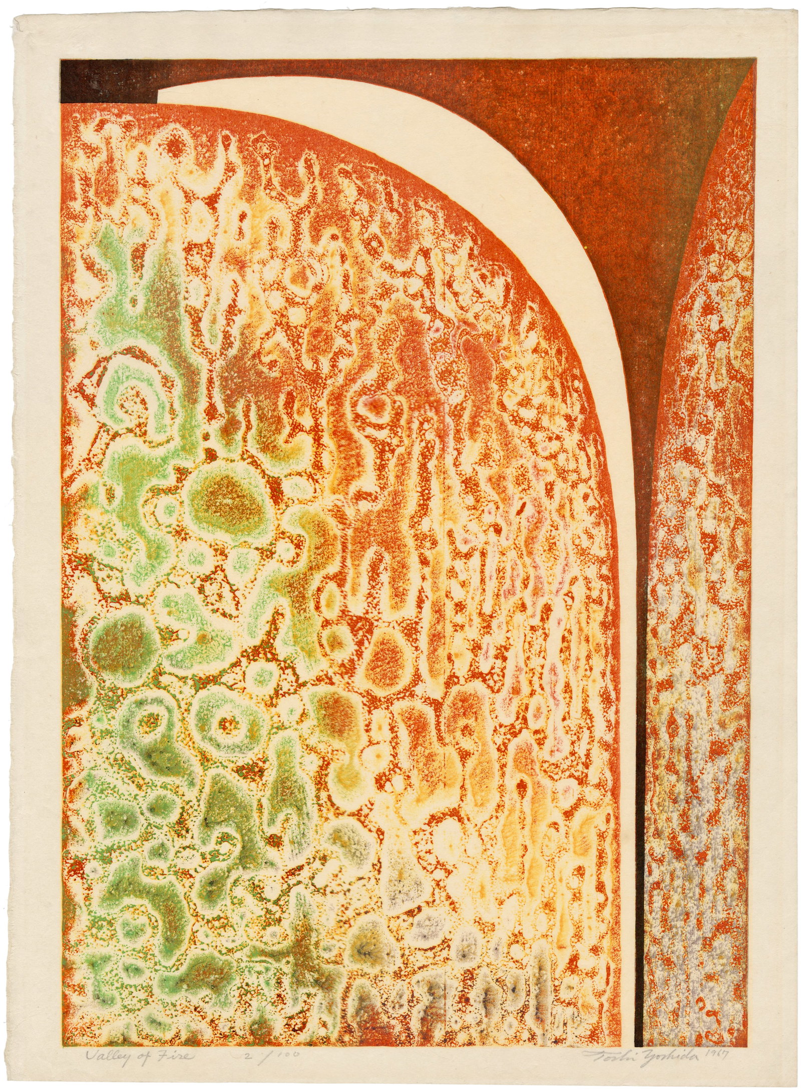Yoshida Toshi: Valley of Fire 1967 Woodblock: Japanese Woodblock Print 1967, pencil signed by Toshi Yoshida, numbered 2/100 SIZE IN INCHES: 24.25 x 17.75 inches inches TOSHI YOSHIDA was the eldest son of Hiroshi Yoshida (1876-1950) who began teac