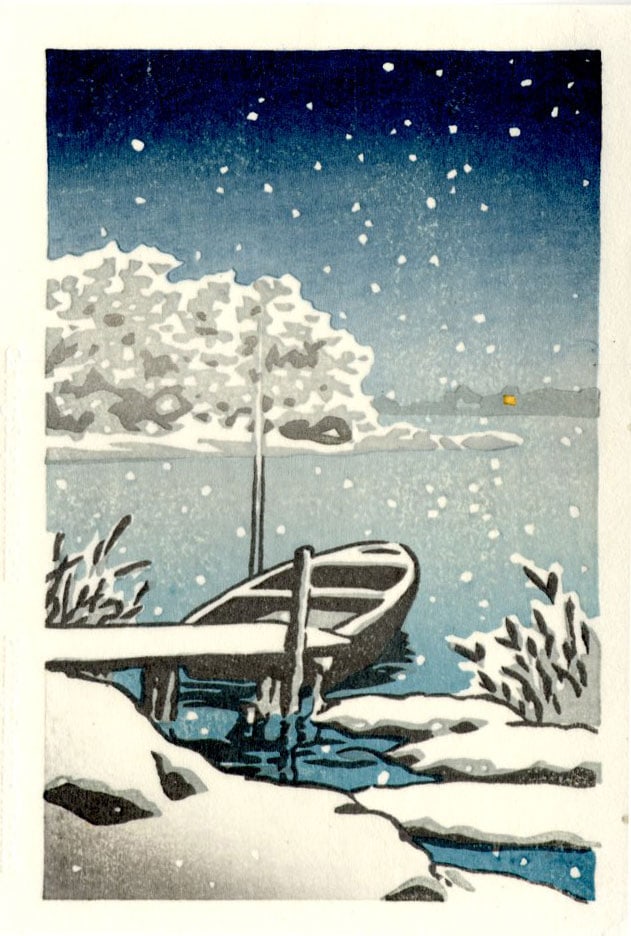Hasui Kawase (after): Moored Boat in Snow Woodblock NR (1 of 2)
