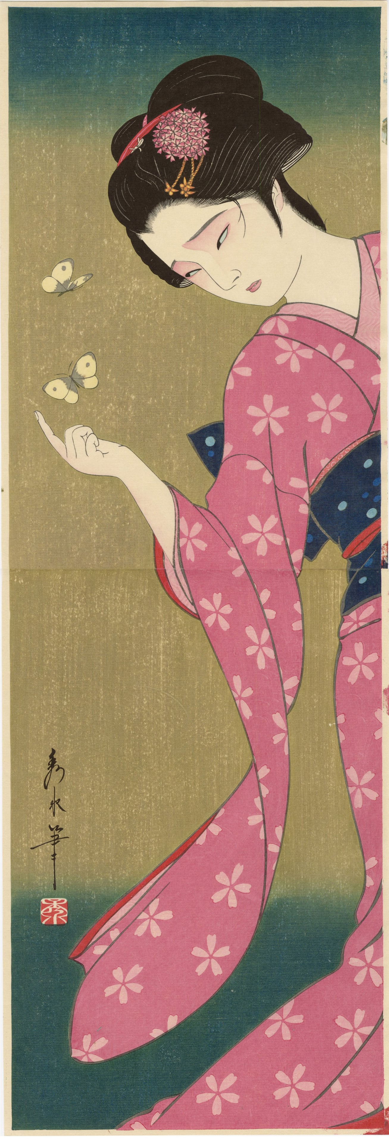 Shusui Taki: March: Dancing Girl 1983 1st Ed. Diptych Woodblock: Japanese Woodblock Print, 1983, 1st and only Edition of 80, from the series Twelve Months of Girls; self carved and printed by Shusui Taki. SIZE IN INCHES : 30.25 x 10.5 inches COMMENTS: Fine impressi