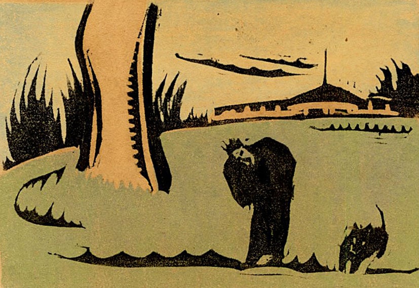 Yamamoto Kanae: Man and Dog Woodblock (1 of 2)