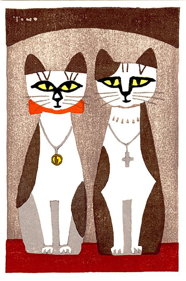 Tomoo Inagaki: Two Cats (Necklaces) 1973 Woodblock: Japanese Woodblock Print, 1973 SIZE IN INCHES: 4 x 6 inches TOMOO INAGAKI (1902-1980) was a prominent Japanese woodblock print artist born in Tokyo and a vital figure in the Sosaku-hanga (Creative