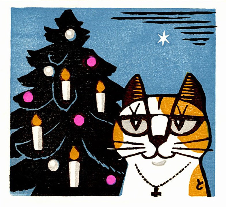 Tomoo Inagaki: Cat an Christmas Tree 1973 Woodblock: Japanese Woodblock Print, 1973 SIZE IN INCHES: 5.25 x 4.75 inches TOMOO INAGAKI (1902-1980) was a prominent Japanese woodblock print artist born in Tokyo and a vital figure in the Sosaku-hanga