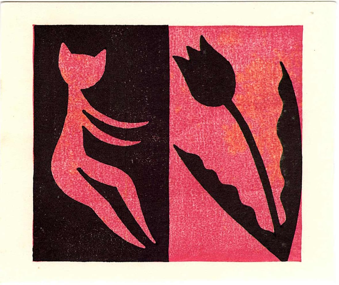 Takashi Ohno: Red Cat Black Tulip Woodblock: Japanese Woodblock Print, 2010s, self published SIZE IN INCHES: 6 x 5 inches TAKASHI OHNO (b.1951) was born in Tokyo. He was strongly impressed by the original and imaginative woodblock prints of Yasu