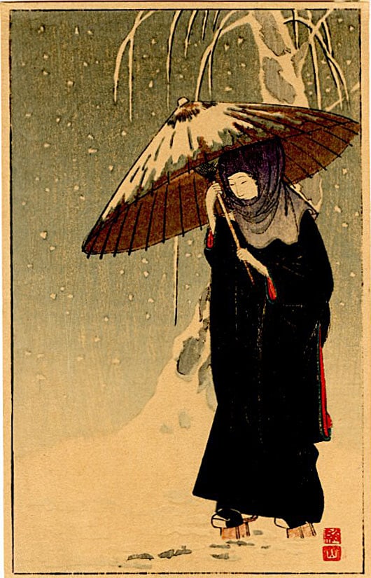 Sozan Ito: Lady in Black in Snow 1920s Woodblock: Japanese Woodblock Print, c.1920 SIZE IN INCHES: 3.5 x 5.5 inches ITO SOZAN (born 1884; date of death unknown) was a Japanese woodblock print designer who became a prominent early figure in the shin-h