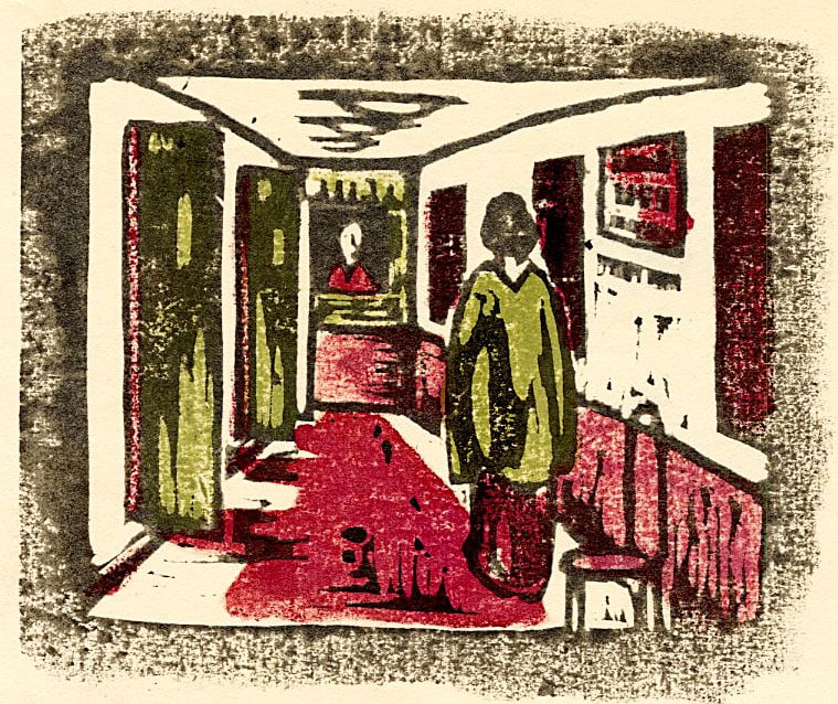 Shizuo Fujimori: Hotel Lobby Woodblock: Japanese Woodblock Print, 1914, published in the influential print magazine Tsukuhae, from the collection of Katsuzaburo Hasegawa SIZE IN INCHES: 7.5 x 5 inches KATSUZABURO HASEGAWA was not a fine art