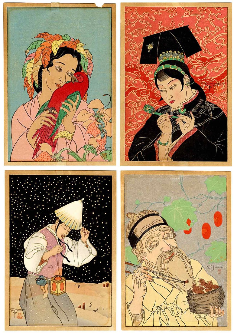 Paul Jacoulet: 4 Small Woodblocks: Japanese Woodblock Prints, c.1940s, self published by Jacoulet SIZE IN INCHES: all 4 prints approx. 4 x 6 inches COMMENTS: "Chagrins d'Amour, Kusaie, Est Carolines" (Sorrows of Love, Kusaie, Caroline