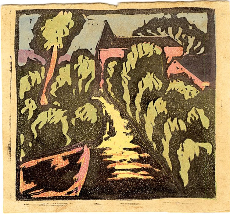 Not Signed: Wooded Landscape Woodblock: Japanese Woodblock Print, pre-war, from the collection of Katsuzaburo Hasegawa SIZE IN INCHES: 5 x 4.5 inches KATSUZABURO HASEGAWA was not a fine artist himself, but rather a prominent Japanese art co