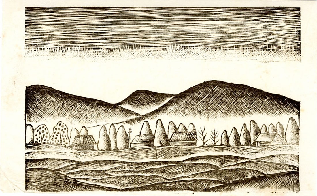 Not Signed: Rural Landscape Woodblock: Japanese Woodblock Print, pre-war, from the collection of Katsuzaburo Hasegawa SIZE IN INCHES: 7.75 x 5 inches KATSUZABURO HASEGAWA was not a fine artist himself, but rather a prominent Japanese art c