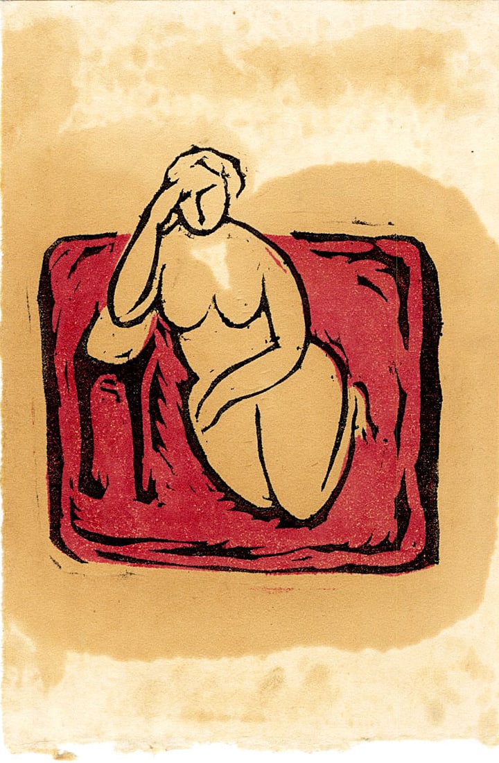 Not Signed: Kneeling Nude Woodblock: Japanese Woodblock Print, pre-war, from the collection of Katsuzaburo Hasegawa SIZE IN INCHES: 5.25 x 7.75 inches KATSUZABURO HASEGAWA was not a fine artist himself, but rather a prominent Japanese ar