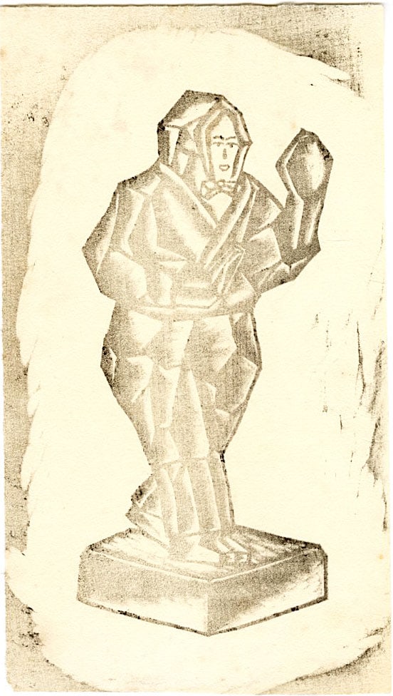 Not Signed: Cubist Sculpture Woodblock: Japanese Woodblock Print, pre-war, from the collection of Katsuzaburo Hasegawa SIZE IN INCHES: 3.5 x 8.25 inches KATSUZABURO HASEGAWA was not a fine artist himself, but rather a prominent Japanese art