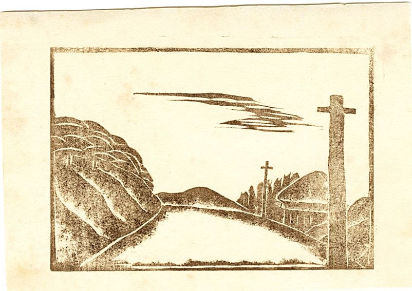 Not Signed: Country Road Woodblock: Japanese Woodblock Print, pre-war, from the collection of Katsuzaburo Hasegawa SIZE IN INCHES: 5.25 x 3.75 inches KATSUZABURO HASEGAWA was not a fine artist himself, but rather a prominent Japanese ar