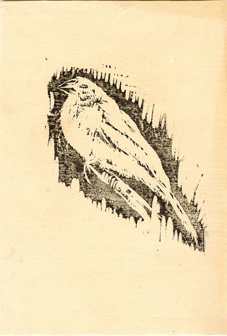 Not Signed: Bird Woodblock: Japanese Woodblock Print, pre-war 1930s, from the collection of Katsuzaburo Hasegawa SIZE IN INCHES: 5 x 7.5 inches COMMENTS: Monochrome woodblock print of a bird, rendered in black ink on aged, cream
