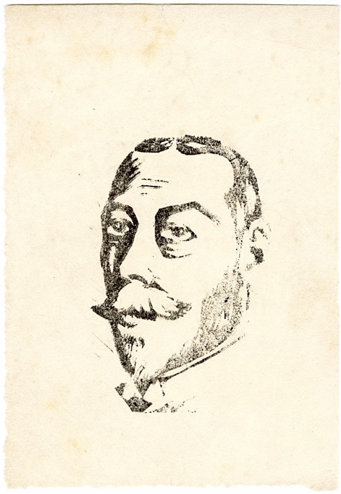 Not Signed: A Gentleman Mustachioed Woodblock: Japanese Woodblock Print, pre-war 1930s from the collection of Katsuzaburo Hasegawa SIZE IN INCHES: 4.5 x 6.25 inches COMMENTS: Monochrome woodblock print of a mustachioed man, rendered in black ink o