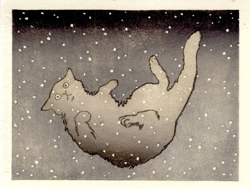 Nicolas Nemiri: Cat Falling in Snow (Gray) Woodblock: Woodblock Print, undated contemporary print, not signed SIZE IN INCHES: 5.5 x 4.25