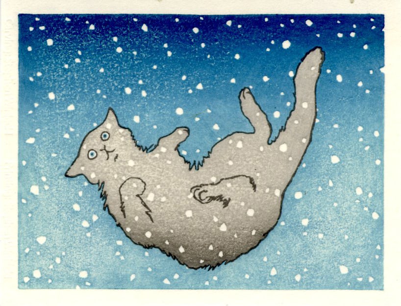 Nicolas Nemiri: Cat Falling in Snow (Blue) Woodblock: Woodblock Print, undated contemporary print, not signed SIZE IN INCHES: 5.5 x 4.25
