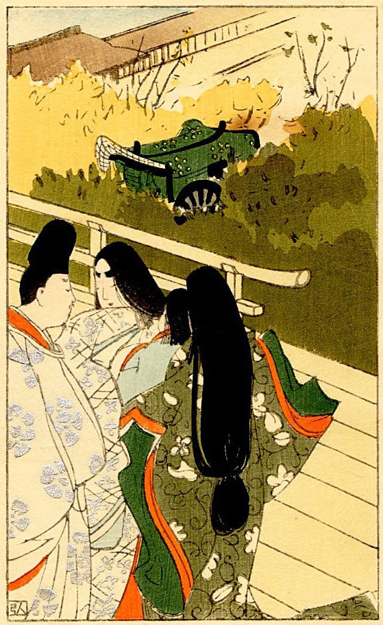 Nakazawa Hiromitsu: Usugumo 1912 Woodblock: Japanese Woodblock Print, 1912, created for Chapter 19 of the book A New Translation of The Tale of Genji, which features a modern colloquial translation of the classic text by the famous poet Yosano 