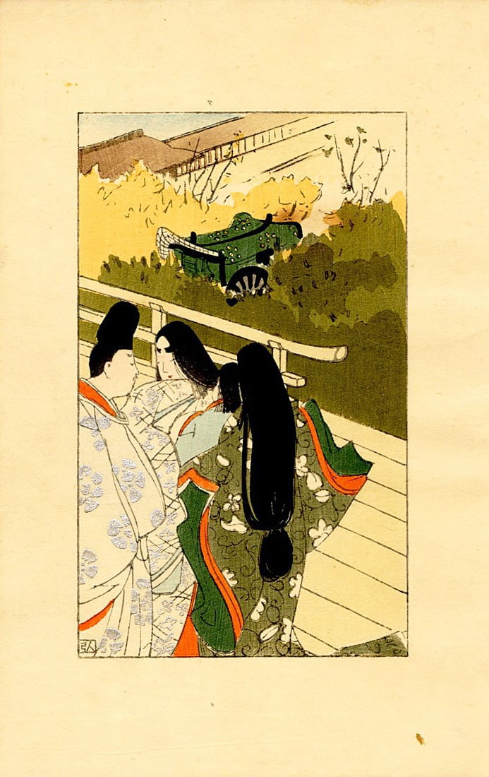Nakazawa Hiromitsu: Usugumo 1912 Woodblock: Japanese Woodblock Print, 1912, created for Chapter 19 of the book A New Translation of The Tale of Genji, which features a modern colloquial translation of the classic text by the famous poet Yosano 