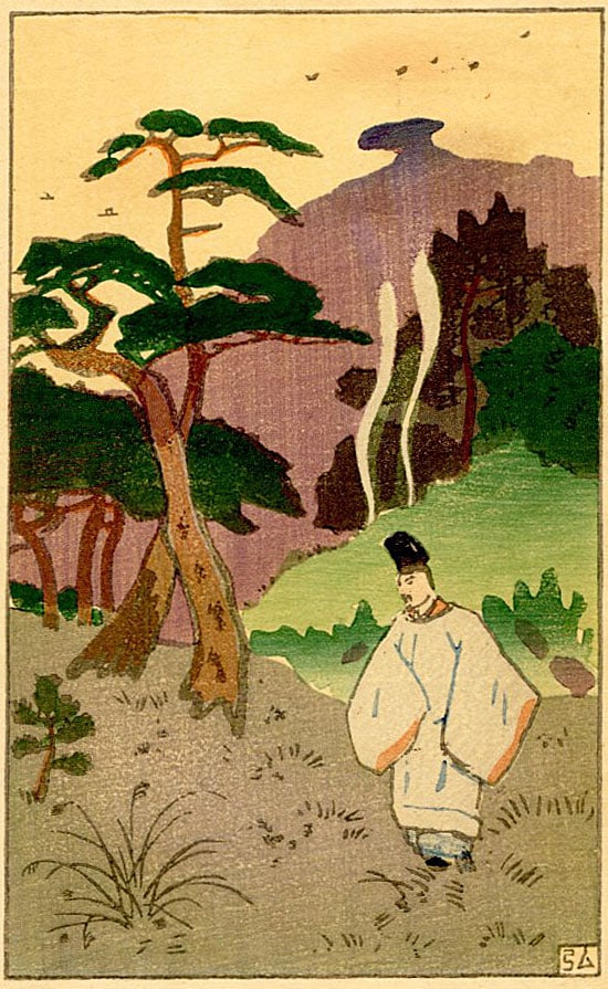 Nakazawa Hiromitsu: The Suma 1912 Woodblock: Japanese Woodblock Print, 1912, created for Chapter 12 of the book A New Translation of The Tale of Genji, which features a modern colloquial translation of the classic text by the famous poet Yosano 