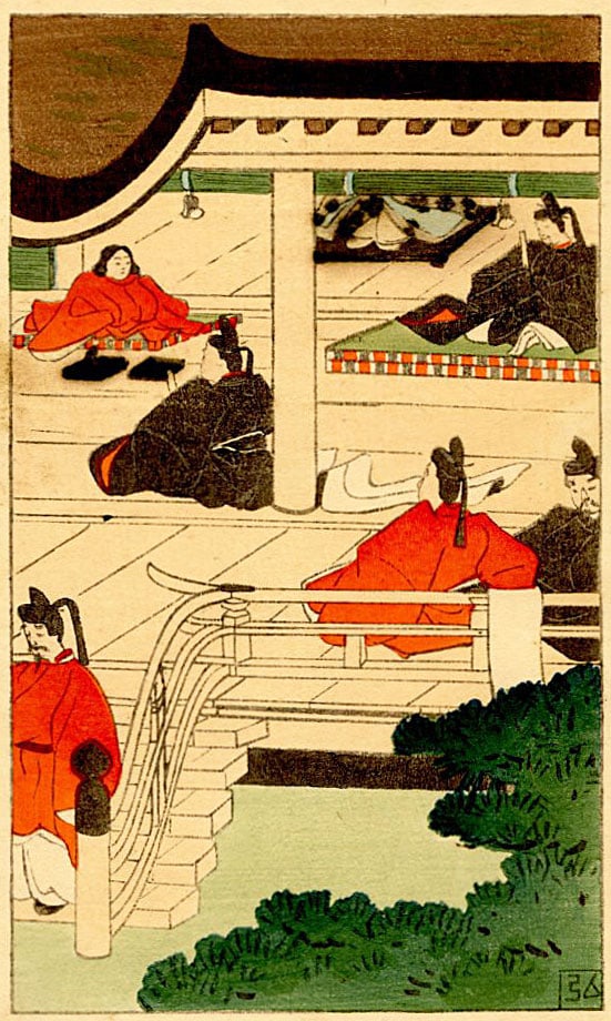 Nakazawa Hiromitsu: Paulownia Court 1912 Woodblock: Japanese Woodblock Print, 1912, created for Chapter 1 of the book A New Translation of The Tale of Genji, which features a modern colloquial translation of the classic text by the famous poet Yosano A