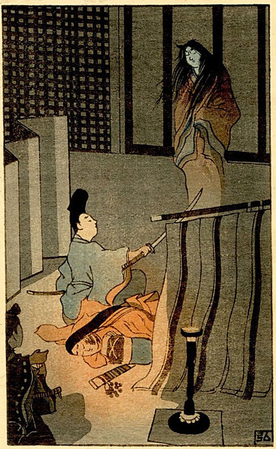 Nakazawa Hiromitsu: Evening Faces 1912 Woodblock: Japanese Woodblock Print, 1912, created for Chapter 4 of the book A New Translation of The Tale of Genji, which features a modern colloquial translation of the classic text by the famous poet Yosano A