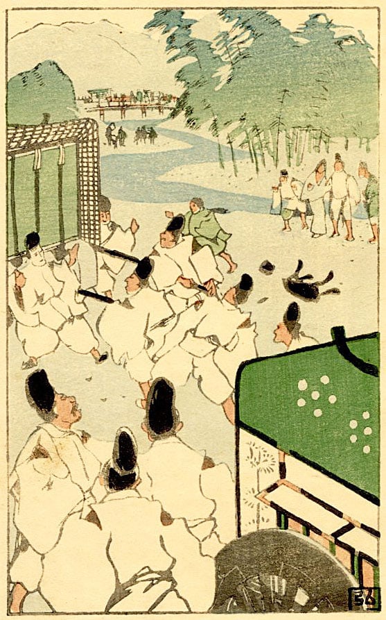 Nakazawa Hiromitsu: Carriage Clash 1912 Woodblock: Japanese Woodblock Print, 1912, created for Chapter 9 of the book A New Translation of The Tale of Genji, which features a modern colloquial translation of the classic text by the famous poet Yosano A