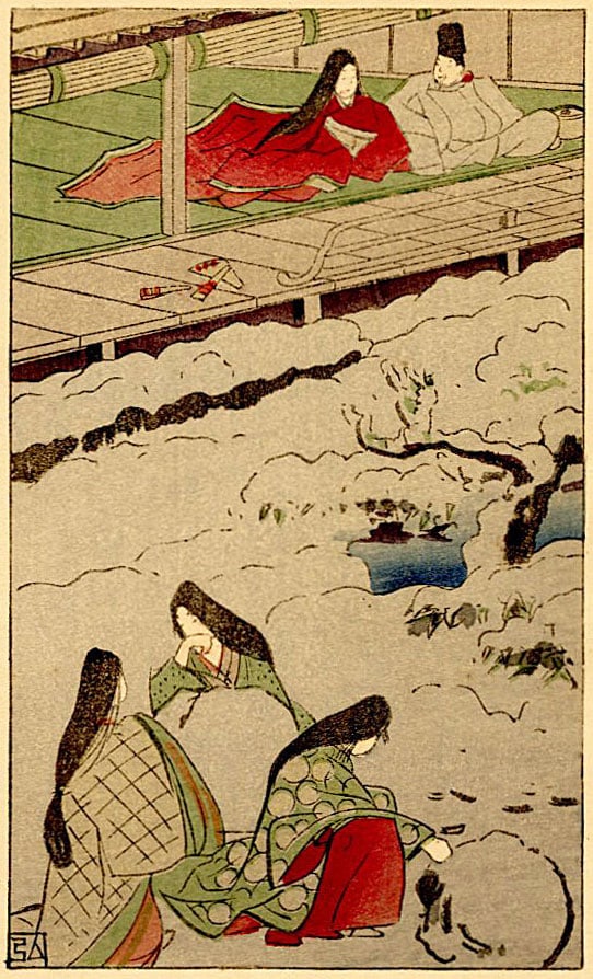 Nakazawa Hiromitsu: Asagao 1912 Woodblock: Japanese Woodblock Print, 1912, created for Chapter 20 of the book A New Translation of The Tale of Genji, which features a modern colloquial translation of the classic text by the famous poet Yosano 
